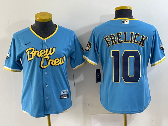 Women's Milwaukee Brewers #10 Sal Frelick Powder Blue City Connect Cool Base Stitched Jersey(Run Small)